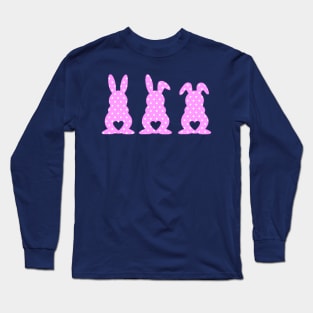 Three Easter Bunnies with Heart Shaped Tails Pink Polkadots Long Sleeve T-Shirt